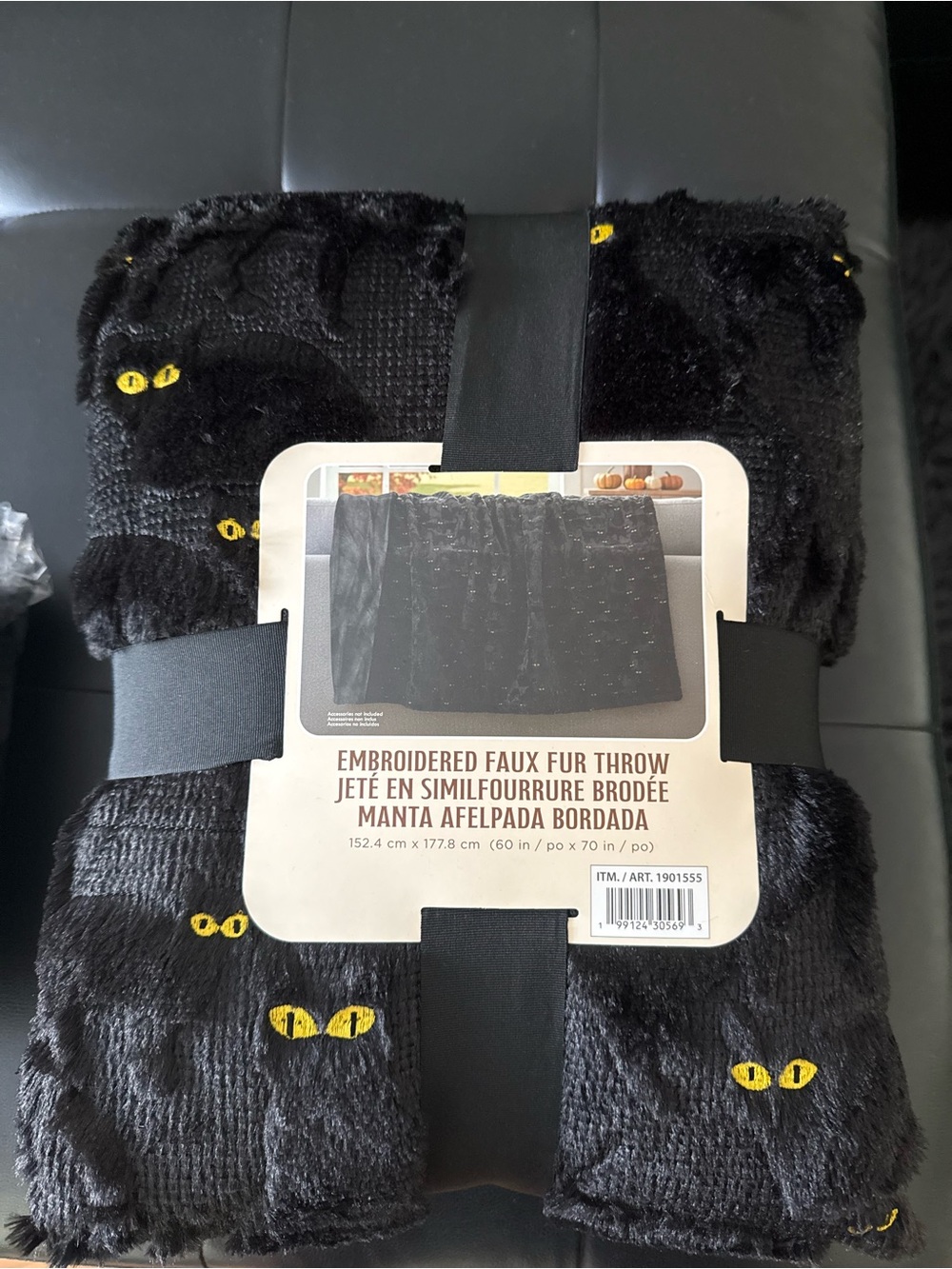 Embroidered Faux Fur Throw with Yellow Cat Eyes - Black